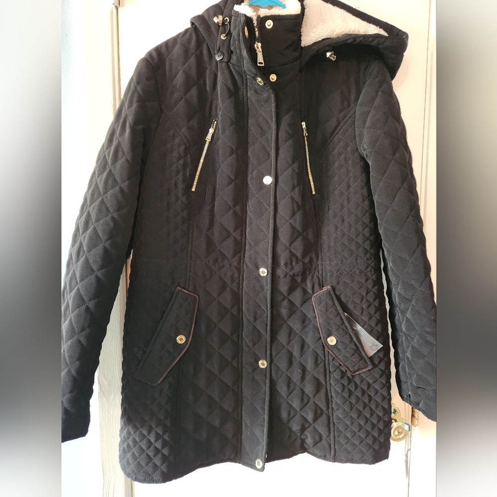 Laundry by Shelli Segal Quilted Coat w faux sherpa Large NWT